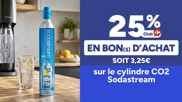 25% Club Carrefour en bon(s) d'achat soit 3,25€ sur le cylindre CO2 Sodastream. Machine et verre de soda au second plan.