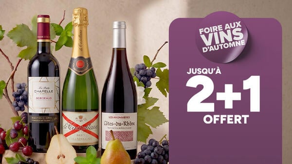 Foire aux Vins d'Automne : Jusqu'à 2+1 offert. Sélection de bouteilles : Bordeaux La Petite Chapelle, Champagne de Castellane, Côtes-du-Rhône.