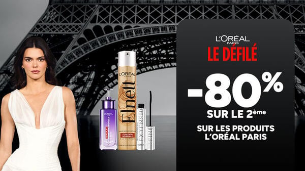 L'Oréal Paris Le Défilé : -80% sur le 2ème sur les produits L'Oréal Paris. Kendall Jenner, laque Elnett, sérum Revitalift et mascara devant la Tour Eiffel.