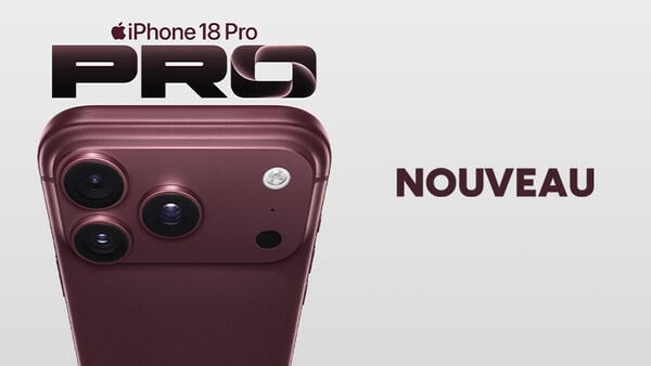 Nouveau iPhone 18 Pro : Plus que Pro. Smartphone Apple bordeaux de profil présenté devant les lettres métalliques PRO. 