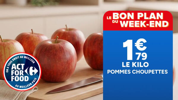 Le Bon Plan du Week-End : Pommes Choupettes à 1,79 € le kilo. Produit Act For Food présenté sur planche en bois.