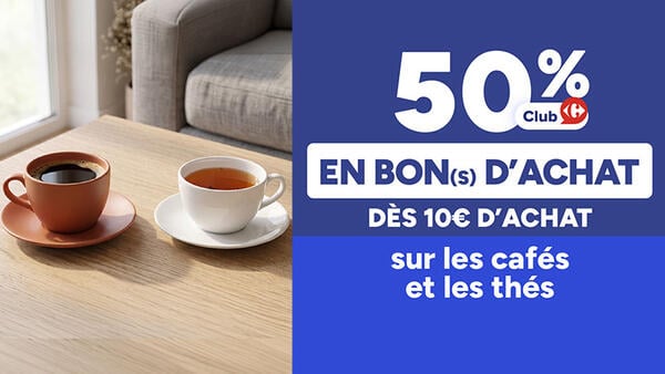 50% Club en bon d’achat dès 10€ d’achat sur les cafés et les thés.