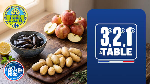 3,2,1 à table : moules, pommes de terre et pommes. Produits Filière Qualité Carrefour et Act For Food, origine France.