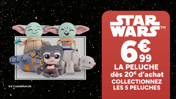 Star Wars : la peluche à 6,99€ dès 20€ d’achat. Collectionnez les 5 peluches (dont Grogu).